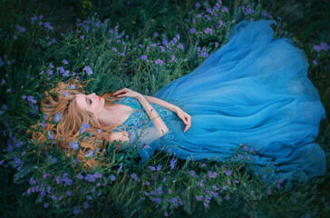 Art photo fairy tale sleeping beauty. Fantasy woman lies on blooming meadow in long blue medieval vintage dress. Summer nature background, green grass bed from purple flowers. Girl enchanted princess © kharchenkoirina