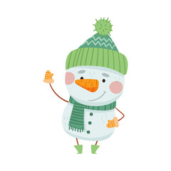 Snowman in Knitted Hat and Scarf Waving Hand Vector Illustration