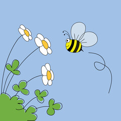 Cartoon bee flying over white daisies vector, wasp bee doodle on chamomile drawing illustration