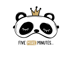 Cute panda with crown sleep mask. Pajama party card. Golden glitter design.