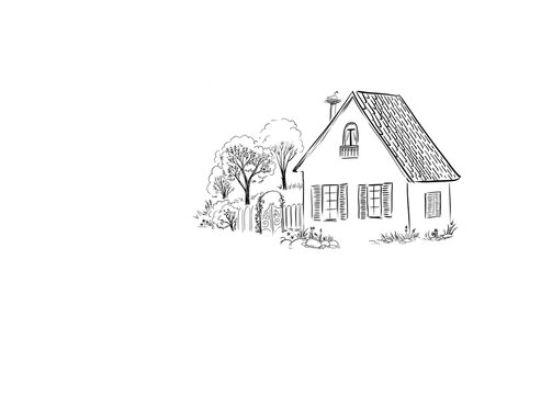 Fantasy  illustration of summer  village house, beautiful rural style, sketch on white background