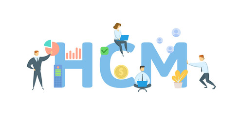 HCM, Human Capital Management. Concept with keywords, people and icons. Flat vector illustration. Isolated on white background.