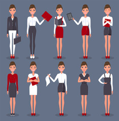 Obraz premium Business woman set in different poses vector illustration. Pretty young slim woman character in business clothes shows various gestures. Girl in different positions with objects in her hands