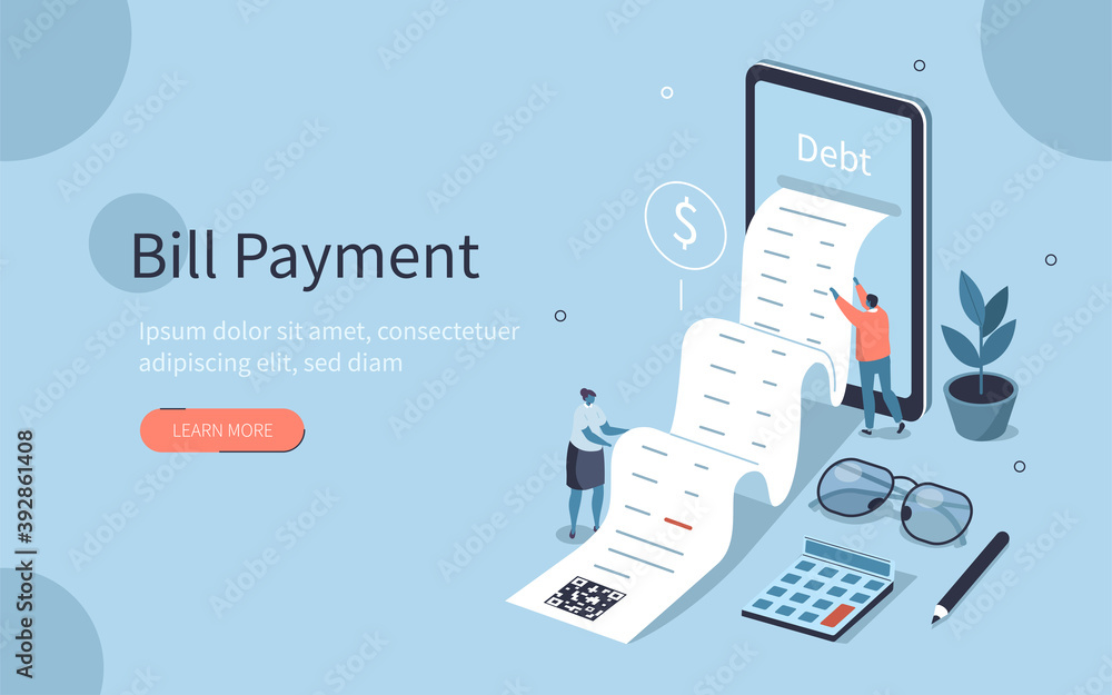 Poster people characters reading and calculating long financial bill or invoice online in mobile app on sma