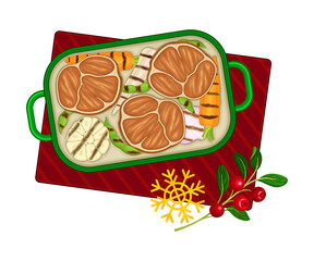 Grilled Vegetables with Meat Slices as Traditional Christmas Eve Dish Above View Vector Illustration