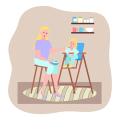 Mother feeding her baby child sitting on kids eating chair in kitchen. Holding hands with spoon going to mouth. Flat style vector woman care for a child. Female character is at home on maternity leave