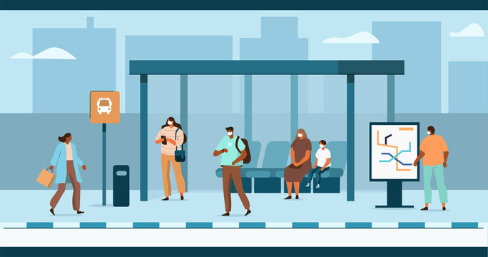 People Characters wearing Facial Medical Masks Waiting for Transport at Bus Station. Woman and Man Passengers Standing at Bus Stop. Public Transportation Concept. Flat Cartoon Vector Illustration.