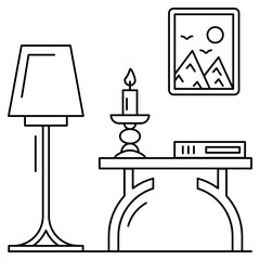 Coffee table, lamp, pictures with Candle on Top Vector Icon Design, Hall room interior design Concept, Modern wooden furniture for hall or living room symbol, 