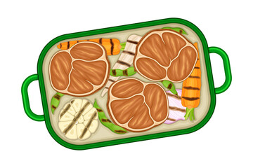 Meat Slice and Grilled Vegetables Rested on Tray Above View Vector Illustration