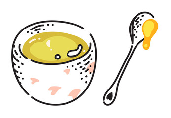 Tea cup and honey spoon sketch isolated on white background