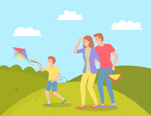 Family weekend with parents and child walking in the park cartoon vector illustration. Fun family walking, rest at nature on the vacation. Dad carries a basket of picnic products, boy launches a kite