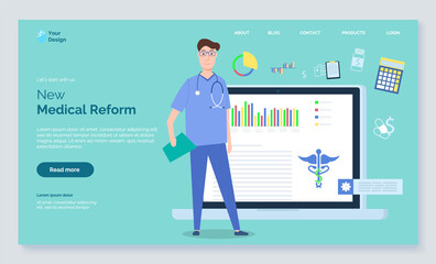 New medical reform landing page template, man doctor wearing uniform with stethoscope against laptop monitor with report statistical chart and medical snake caduceus sign, vector webpage design