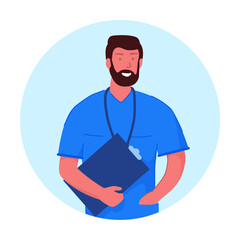 Bearded man doctor with clipboard portrait isolated on white