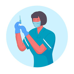 Nurse in mask with syringe for vaccination portrait on white