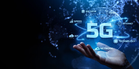 5G Fifth generation fast speed internet connection. Networking and telecommunication concept.
