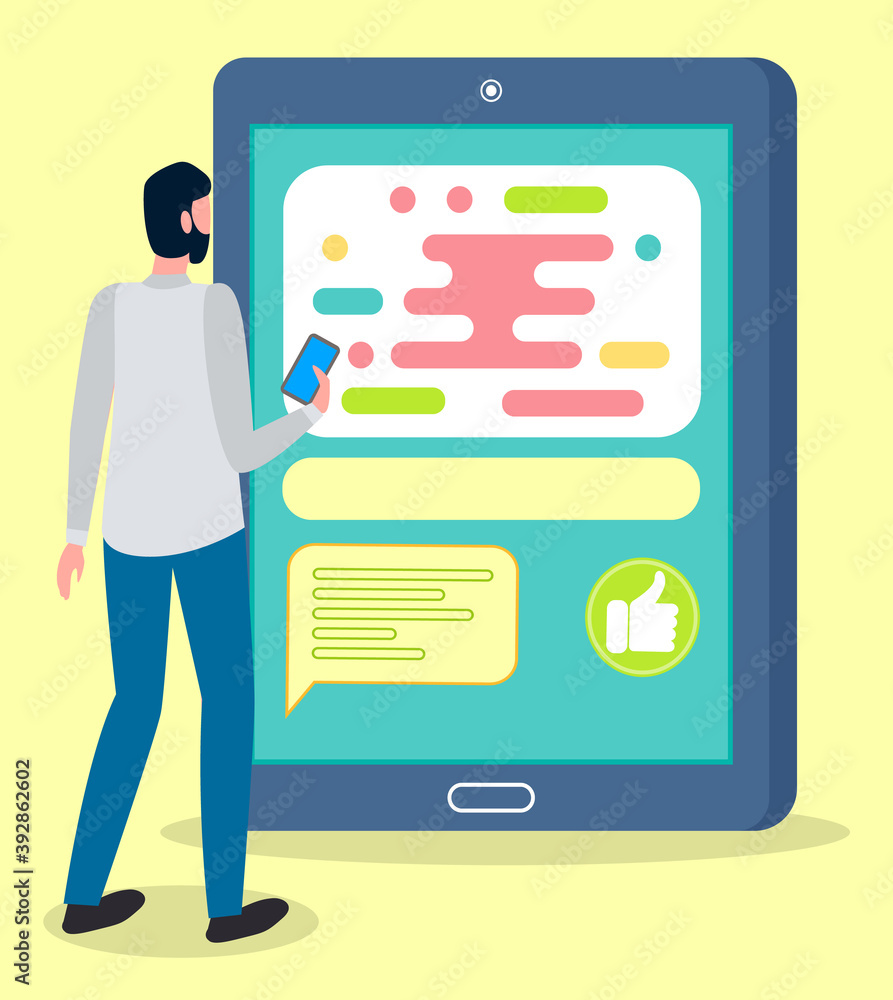 Poster vector illustration mail service, man on browser screen checking mailbox online, customer relationsh