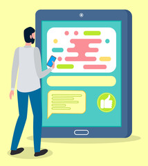 Vector illustration mail service, man on browser screen checking mailbox online, customer relationship. Male works with a mobile application on tablet. Manager makes orders on the online store website