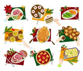 Traditional Christmas Eve Family Dinner Table Above View Vector Set