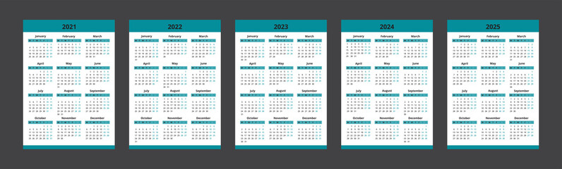Calendar 2021, 2022, 2023, 2024, 2025 week starts Monday. Vector calendar template design.