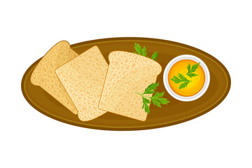 Sliced Bread on Tray with Sauce and Parsley Herb Vector Illustration