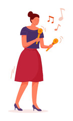 Young woman shaking maracas isolated on white background