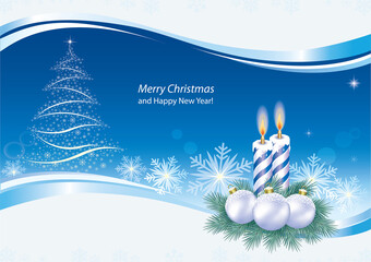 Merry Christmas and Happy New Year 2021. Greeting card with Christmas tree and candles on a blue background with snowflakes and balls, frame with wave pattern. Vector illustration.