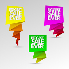 Biggest sale ever paper marker banner tag. Abstract pointer sale pop-art style background. Advertising paper cut discounts poster illustration. Text frame 