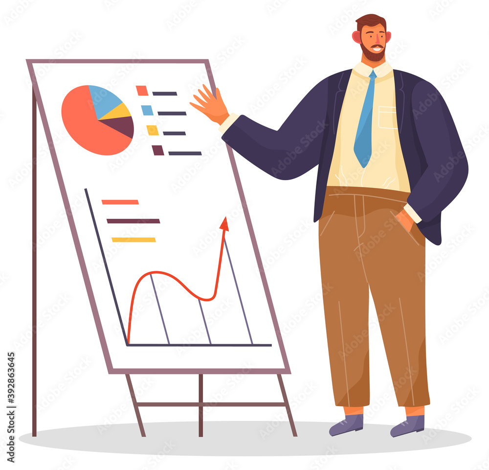 Poster businessman makes presentation near flip chart on board. speaker leads workshop explains statistics.