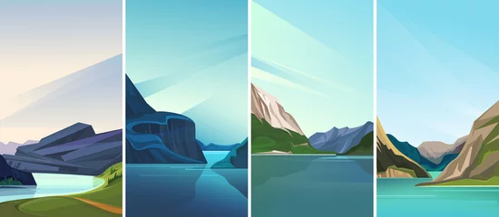 Poster Collection of fjord landscapes. Beautiful nature sceneries in vertical orientation. © Pakon