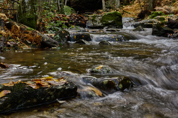 Small waterfalls in the bed of the Sestil de Maíllo stream. Autumn in the Sierra de Guadarrama National Park. Madrid's community. Spain