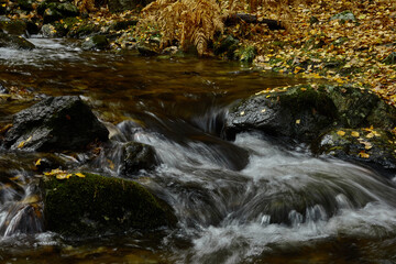 Small waterfalls in the bed of the Sestil de Maíllo stream. Autumn in the Sierra de Guadarrama National Park. Madrid's community. Spain