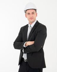 Engineer or architect business man in suit. Male businessman wearing white hard hat helmet smiling happy. Proud and confident. Young male engineer isolated on white background.