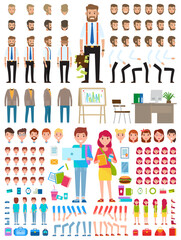 Create character. Set of different illustrations with body parts. Businessman and teenagers boy end girl. Icons with different types of faces, emotions, clothes. Front, side, back view of people
