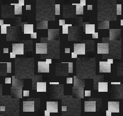 abstract geometric seamless pattern with a collage of pencil textured gray squares with some spatial effect on a dark background