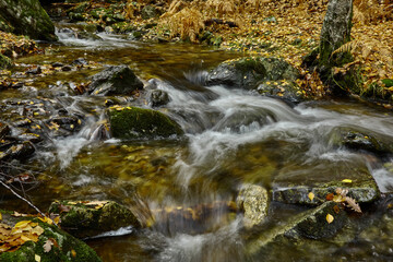 Small waterfalls in the bed of the Sestil de Maíllo stream. Autumn in the Sierra de Guadarrama National Park. Madrid's community. Spain