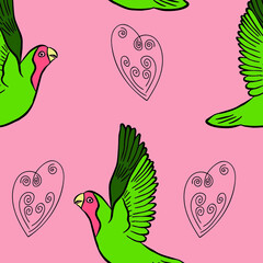 Seamless pattern with green pink-cheeked lovebirds and doodle hearts on a pink background.  Color vector illustration for valentine's day designs, wedding designs, clothing prints and packaging.