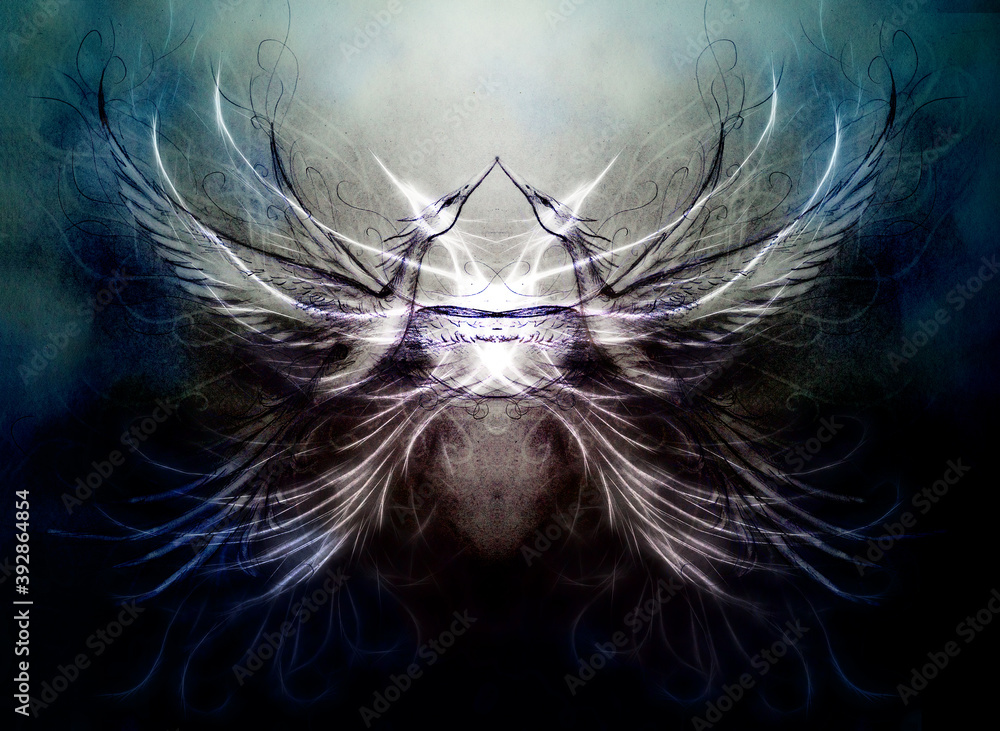 Poster flying phoenix bird as symbol of rebirth and new beginning and ancient ornament in background.