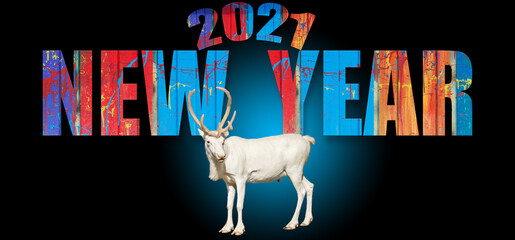 new year banner with lettering 2021 and white deer