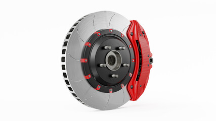 Brake Disc and Red carbon fiber Calliper for car. Isolated on white background and Clipping path. 3D Render.