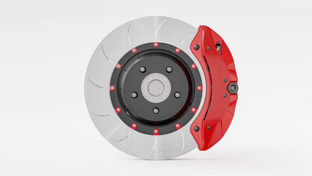 Brake Disc and Red carbon fiber Calliper for car. Isolated on white background and Clipping path. 3D Render.