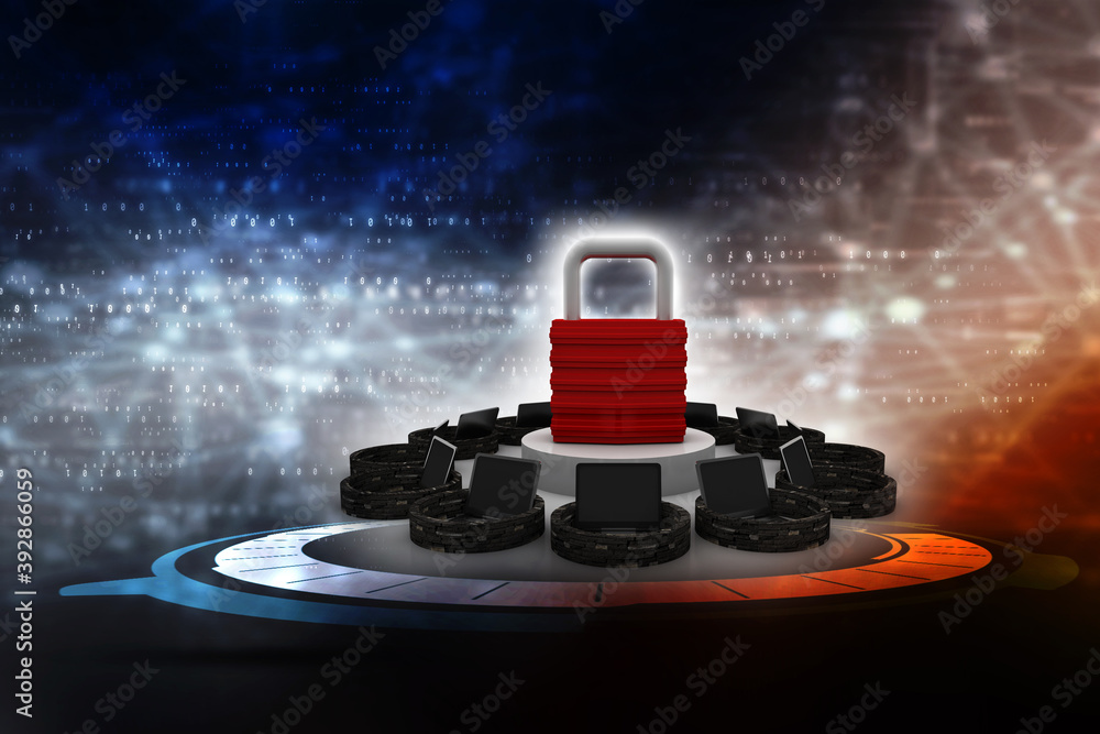 Poster 3d rendering computer network with lock v