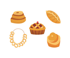 Set of sweet bakery or pastry products for tea or coffee a vector illustrations.