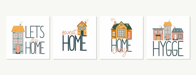 Cartoon Cottage with lettering. Hand drawn home facade with texture and sweet home phrase collection, townhouse and family house in countryside, real estate modern flat vector isolated illustration