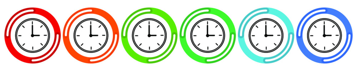 Clocks and time collection. Vector 6 colors option icon. Vector illustration flat design UI and UX.