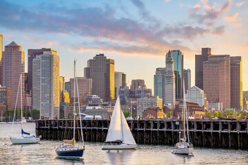 Cityscape of Boston skyline panorama at sunset in Massachusetts, United States