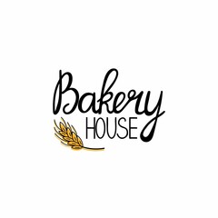 Bakery house. Bread homemade emblem. Hand drawn doodle label for bakery food packaging, local product stamp, lettering with line grain wheat or cereal, pastry logo vector isolated colored sticker