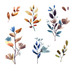Set of watercolor twigs and leaves. Cute hand-drawn illustration isolated on white background. Use for design and printing of postcards, stickers.