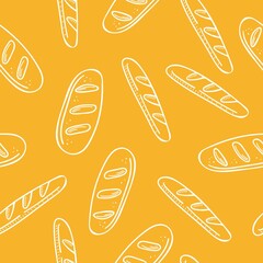Bread seamless pattern. Bakery doodle products, long loaf bread, french baguette. Cartoon white elements on yellow, decor textile, fabric wrapping paper, packaging design, wallpaper vector texture