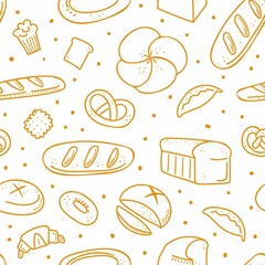 Bread seamless pattern. Bakery doodle products, baguette, croissant and bagel. Cartoon yellow elements on white, decor textile, fabric wrapping paper, packaging design, wallpaper vector texture