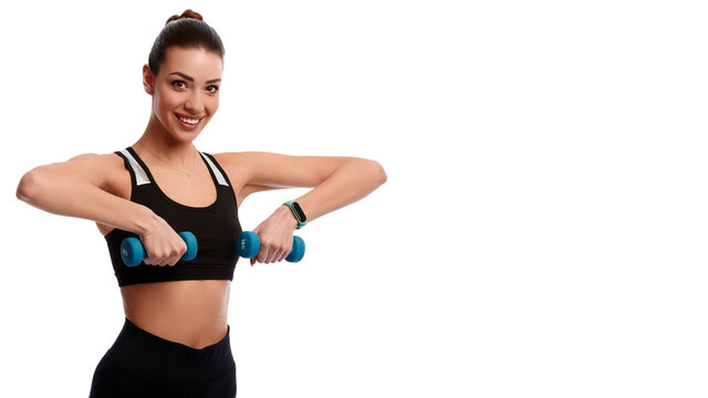 Young caucasian woman making weightlifting isolated on white background. Sport dumbbell woman inflated muscles